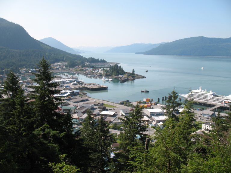 Wrangell Alaska harbour and town seen from the Mount Dewey trail with mountains behind